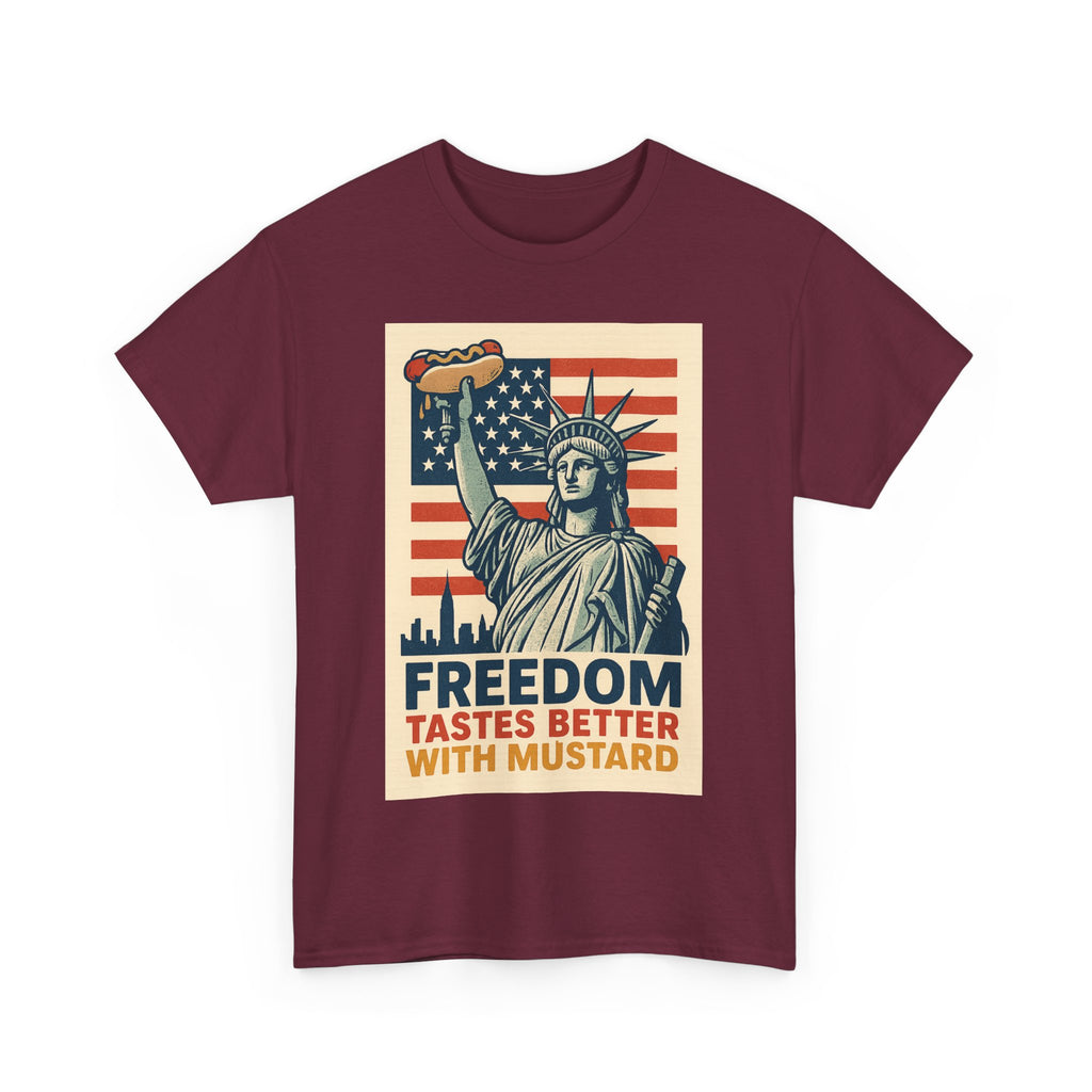 Freedom Tastes Better With Mustard T-Shirt – Funny 4th of July Hot Dog Tee, Patriotic Graphic Shirt for Men & Women
