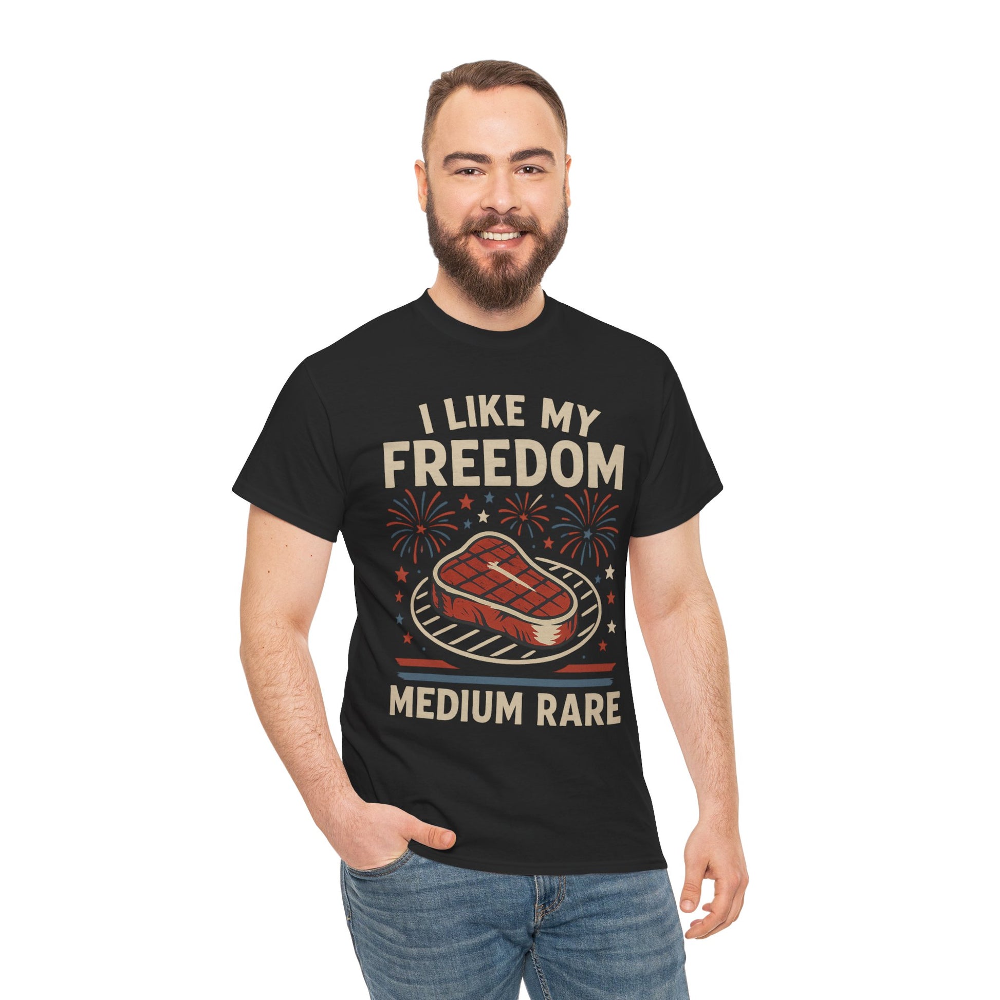 I Like My Freedom Medium Rare T-Shirt – Funny Patriotic BBQ Shirt for Men & Women, 4th of July USA Tee