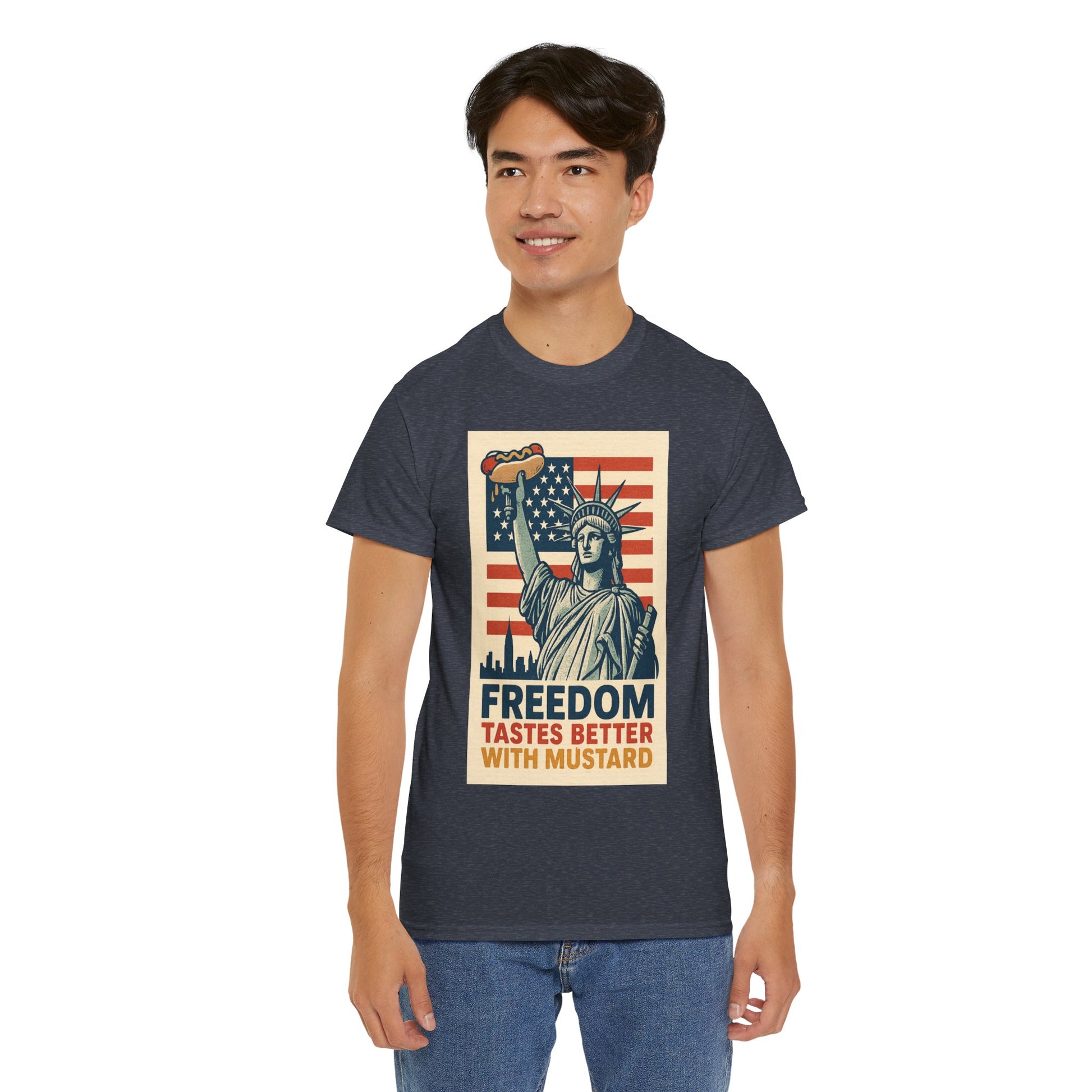 Freedom Tastes Better With Mustard T-Shirt – Funny 4th of July Hot Dog Tee, Patriotic Graphic Shirt for Men & Women