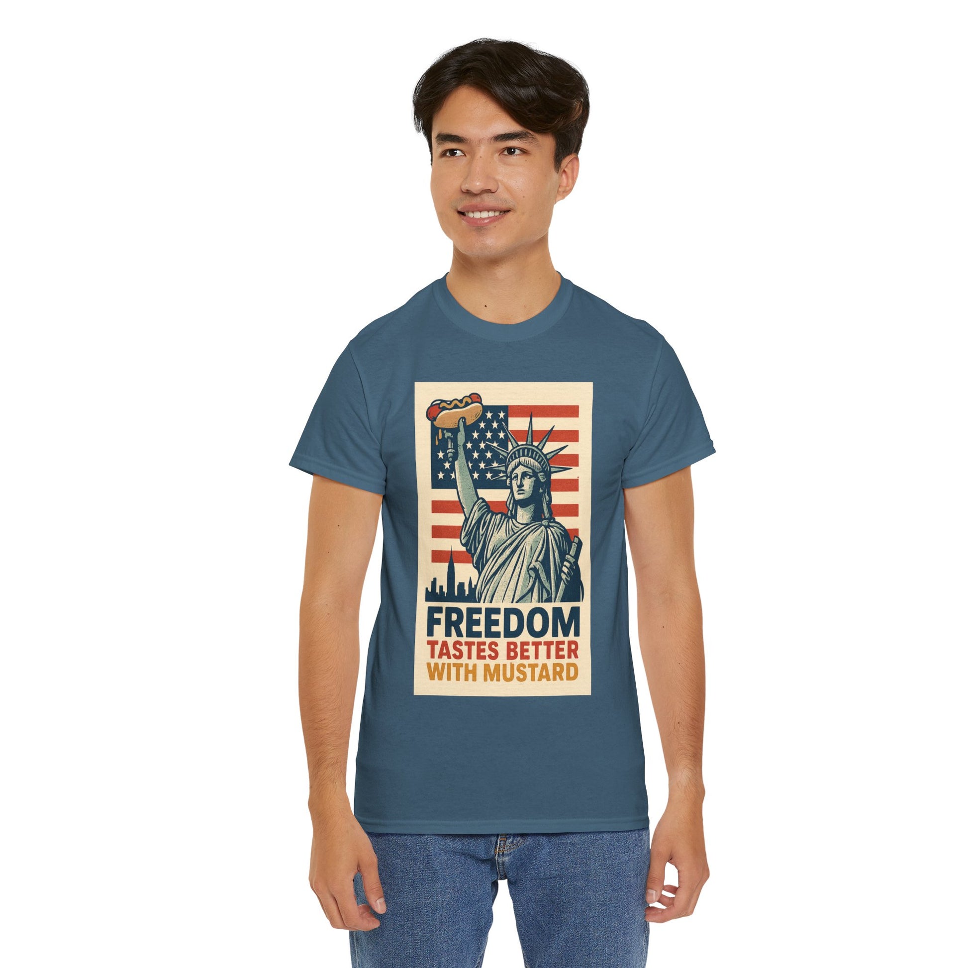 Freedom Tastes Better With Mustard T-Shirt – Funny 4th of July Hot Dog Tee, Patriotic Graphic Shirt for Men & Women
