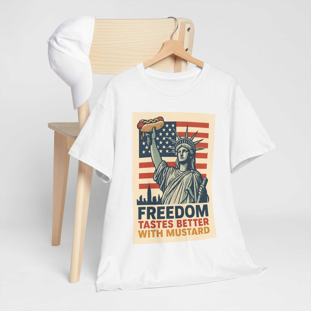 Freedom Tastes Better With Mustard T-Shirt – Funny 4th of July Hot Dog Tee, Patriotic Graphic Shirt for Men & Women