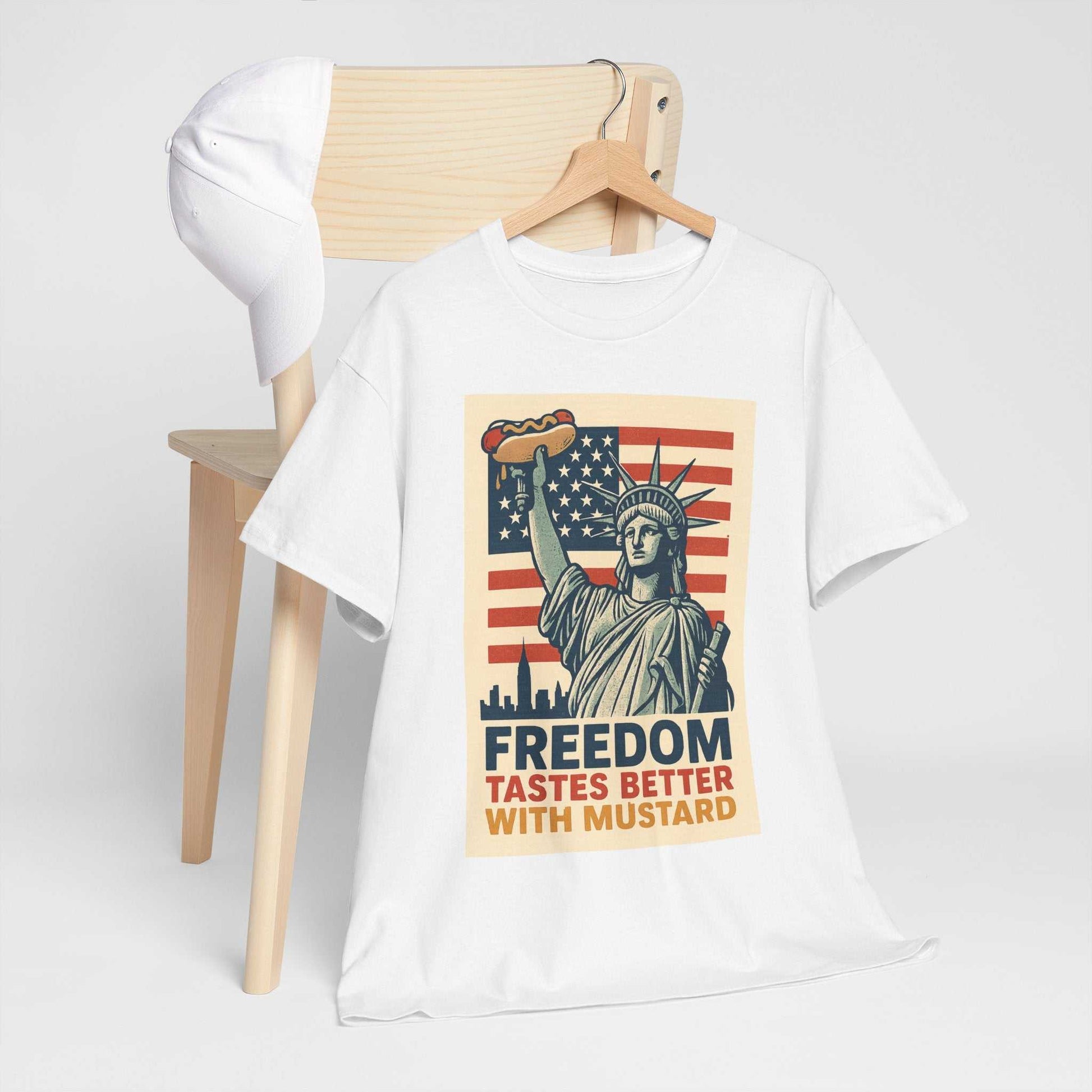 Freedom Tastes Better With Mustard T-Shirt – Funny 4th of July Hot Dog Tee, Patriotic Graphic Shirt for Men & Women