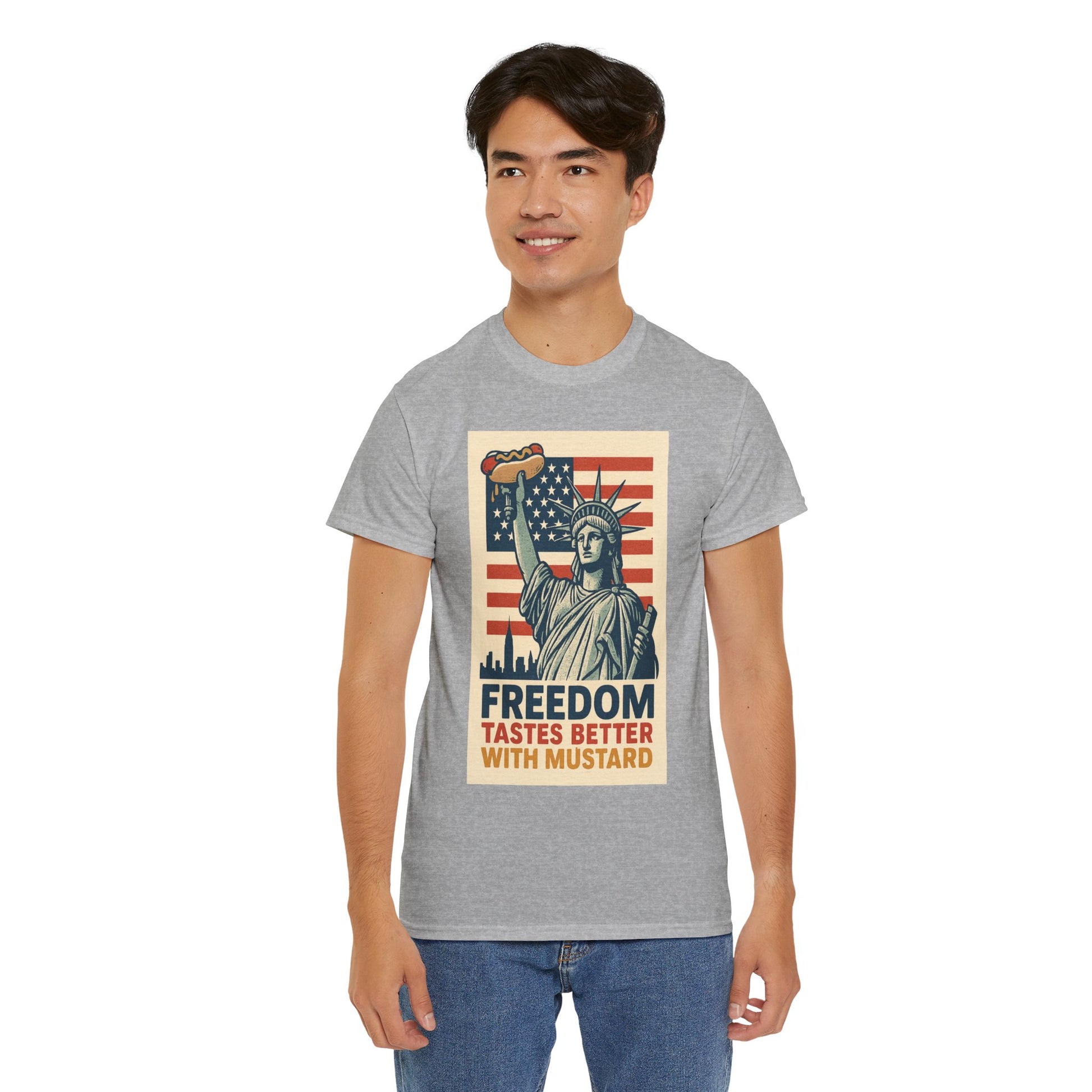 Freedom Tastes Better With Mustard T-Shirt – Funny 4th of July Hot Dog Tee, Patriotic Graphic Shirt for Men & Women