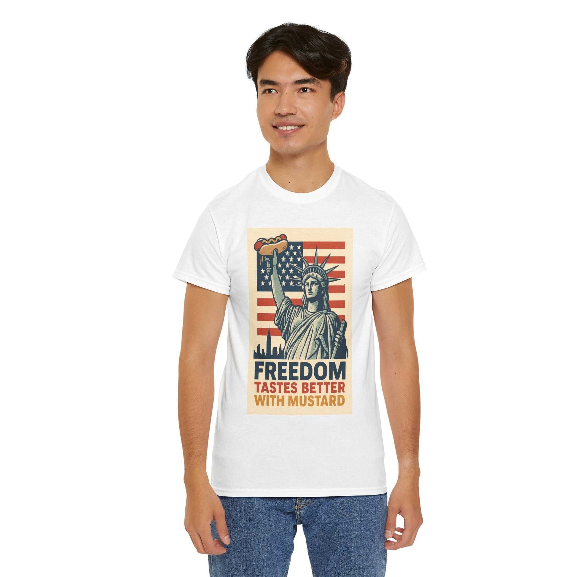 Freedom Tastes Better With Mustard T-Shirt – Funny 4th of July Hot Dog Tee, Patriotic Graphic Shirt for Men & Women