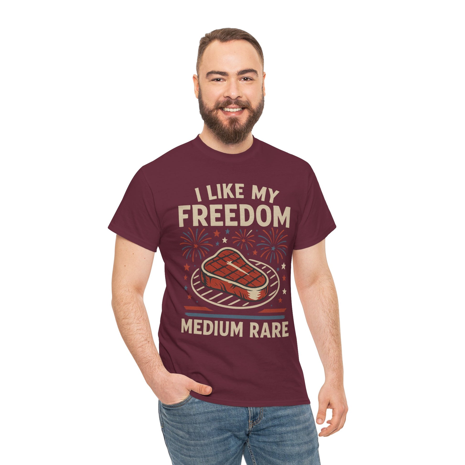 I Like My Freedom Medium Rare T-Shirt – Funny Patriotic BBQ Shirt for Men & Women, 4th of July USA Tee