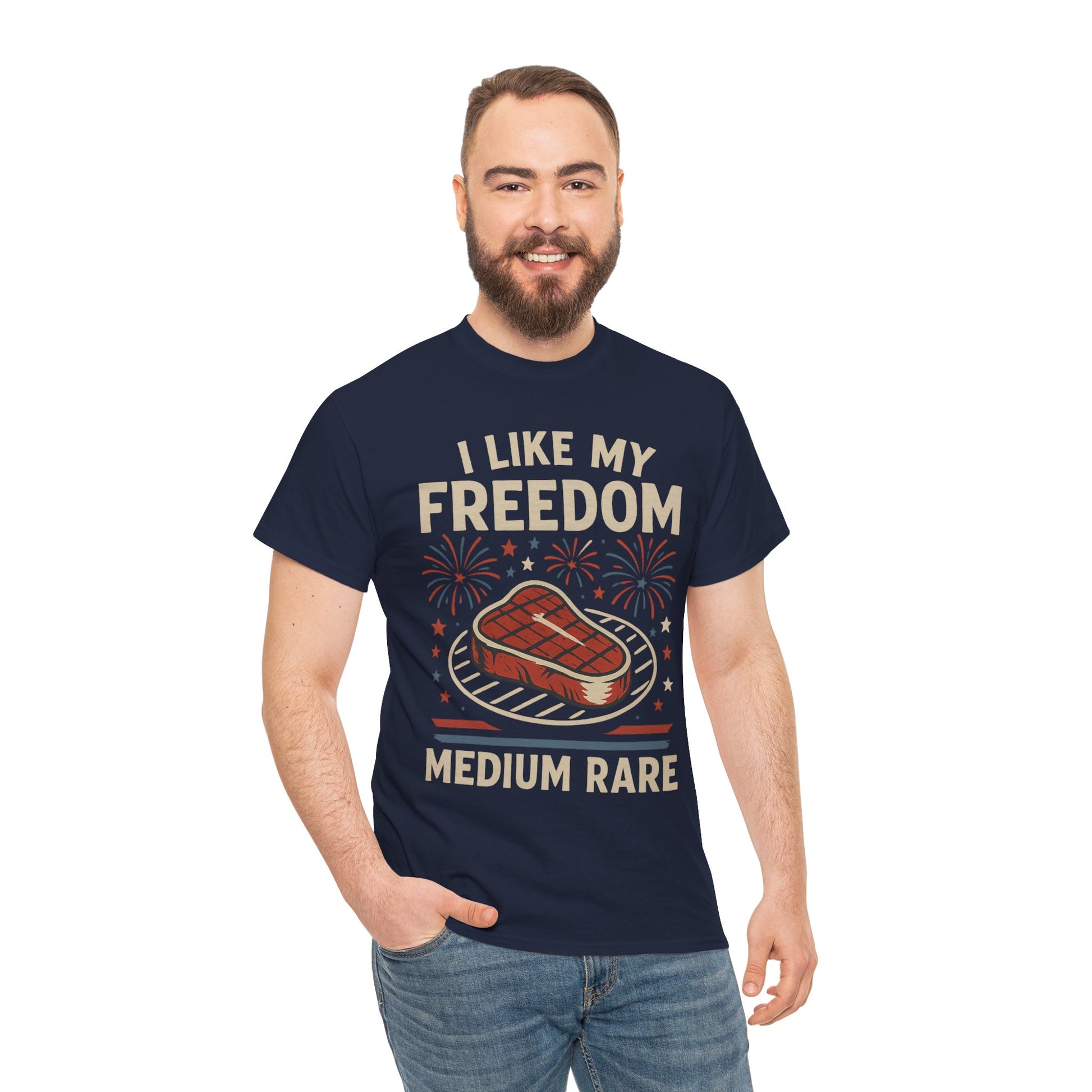 I Like My Freedom Medium Rare T-Shirt – Funny Patriotic BBQ Shirt for Men & Women, 4th of July USA Tee