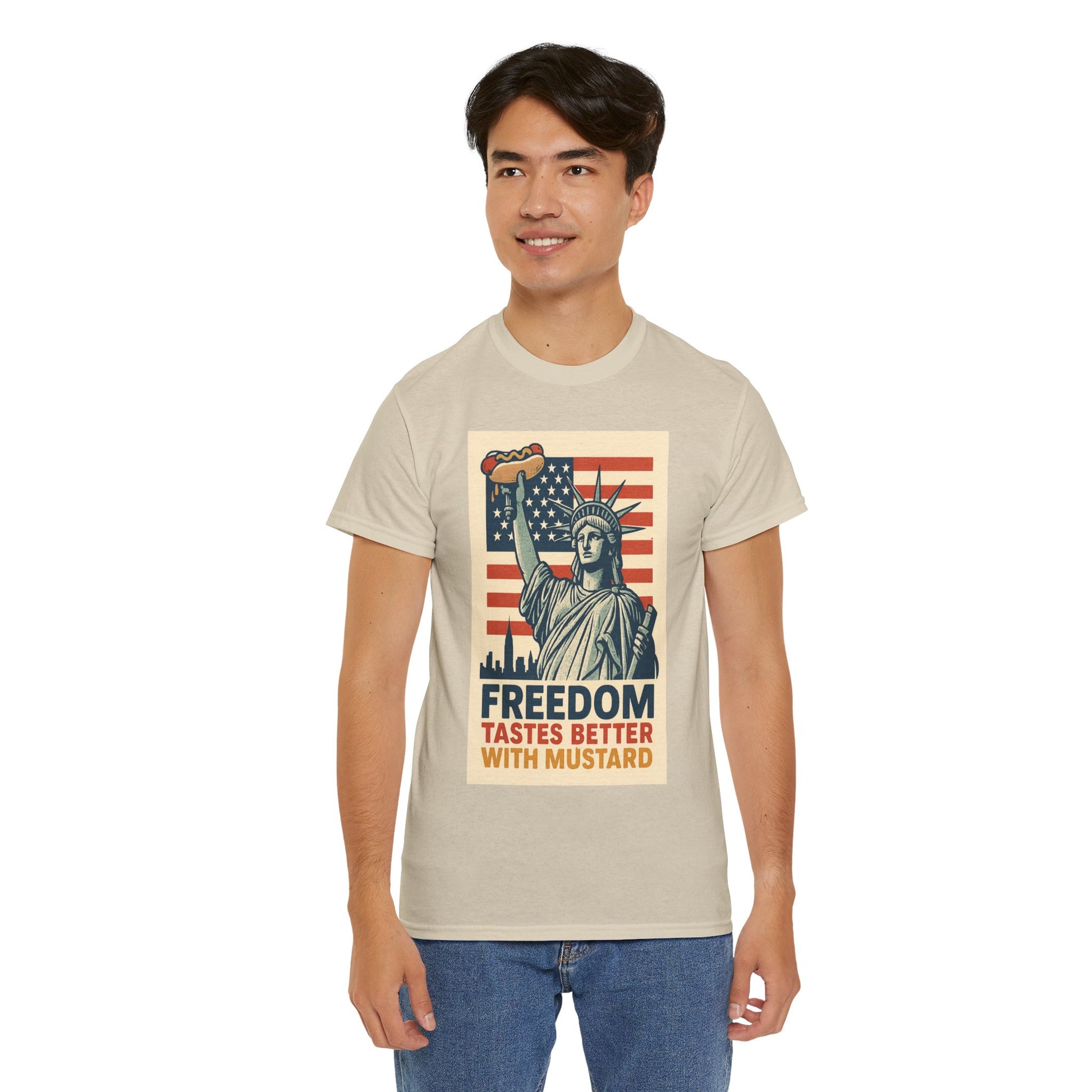Freedom Tastes Better With Mustard T-Shirt – Funny 4th of July Hot Dog Tee, Patriotic Graphic Shirt for Men & Women