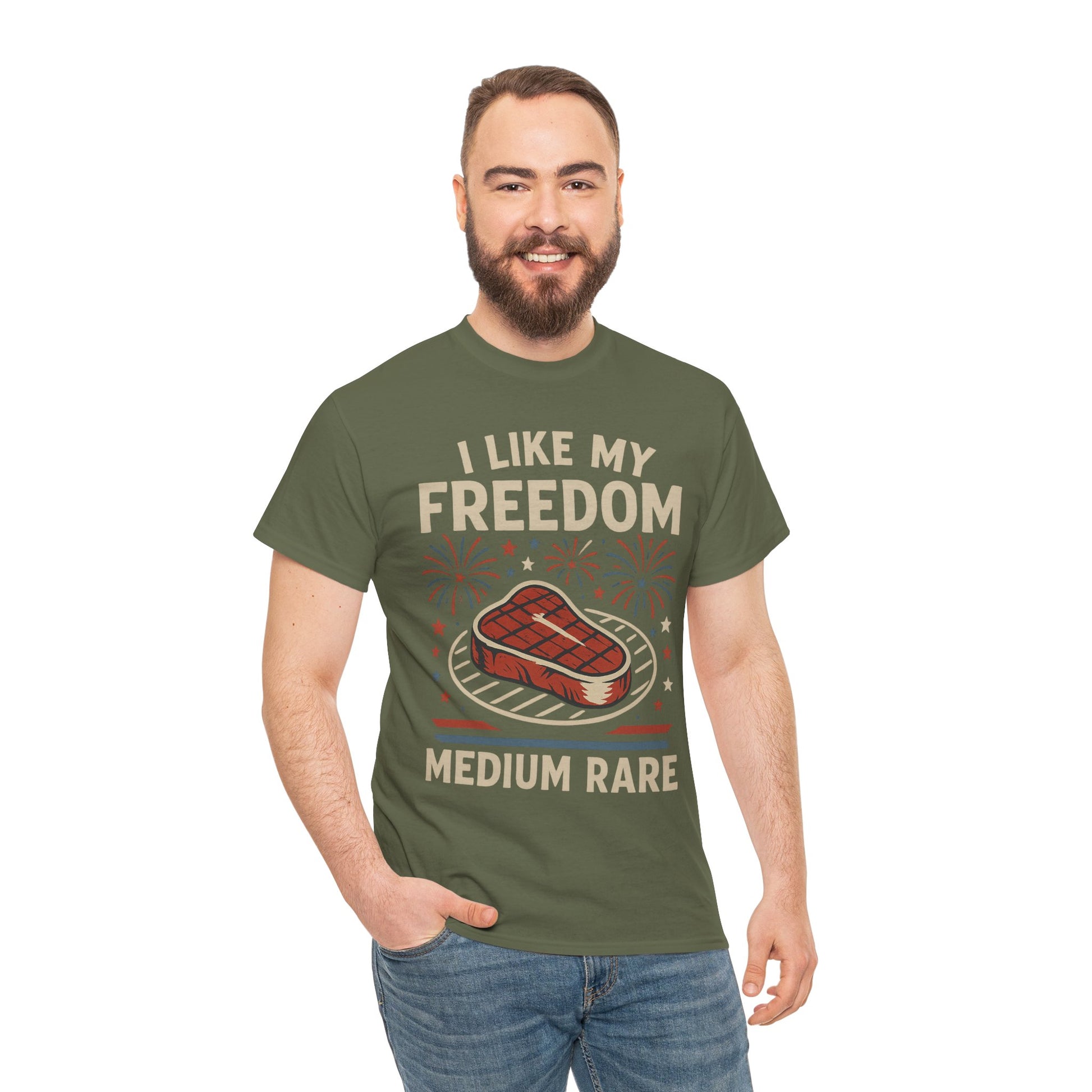 I Like My Freedom Medium Rare T-Shirt – Funny Patriotic BBQ Shirt for Men & Women, 4th of July USA Tee