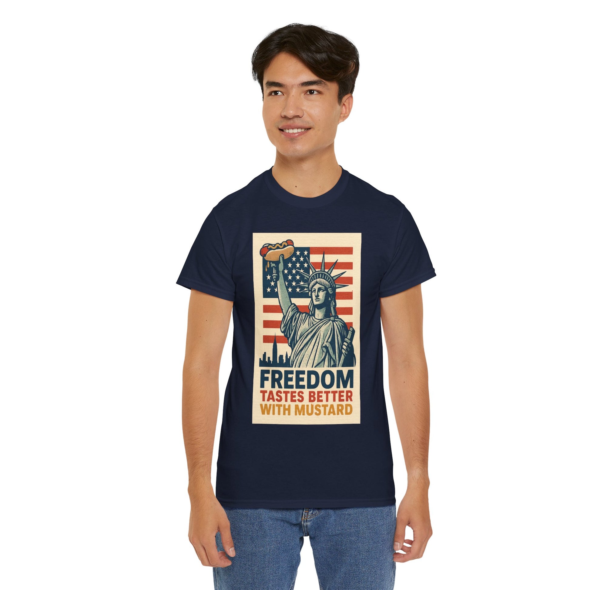 Freedom Tastes Better With Mustard T-Shirt – Funny 4th of July Hot Dog Tee, Patriotic Graphic Shirt for Men & Women