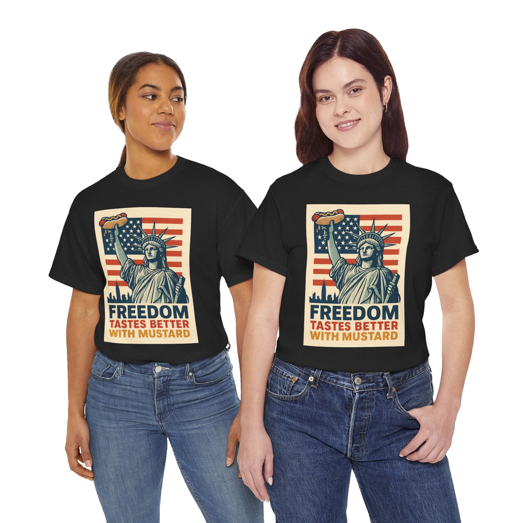 Freedom Tastes Better With Mustard T-Shirt – Funny 4th of July Hot Dog Tee, Patriotic Graphic Shirt for Men & Women